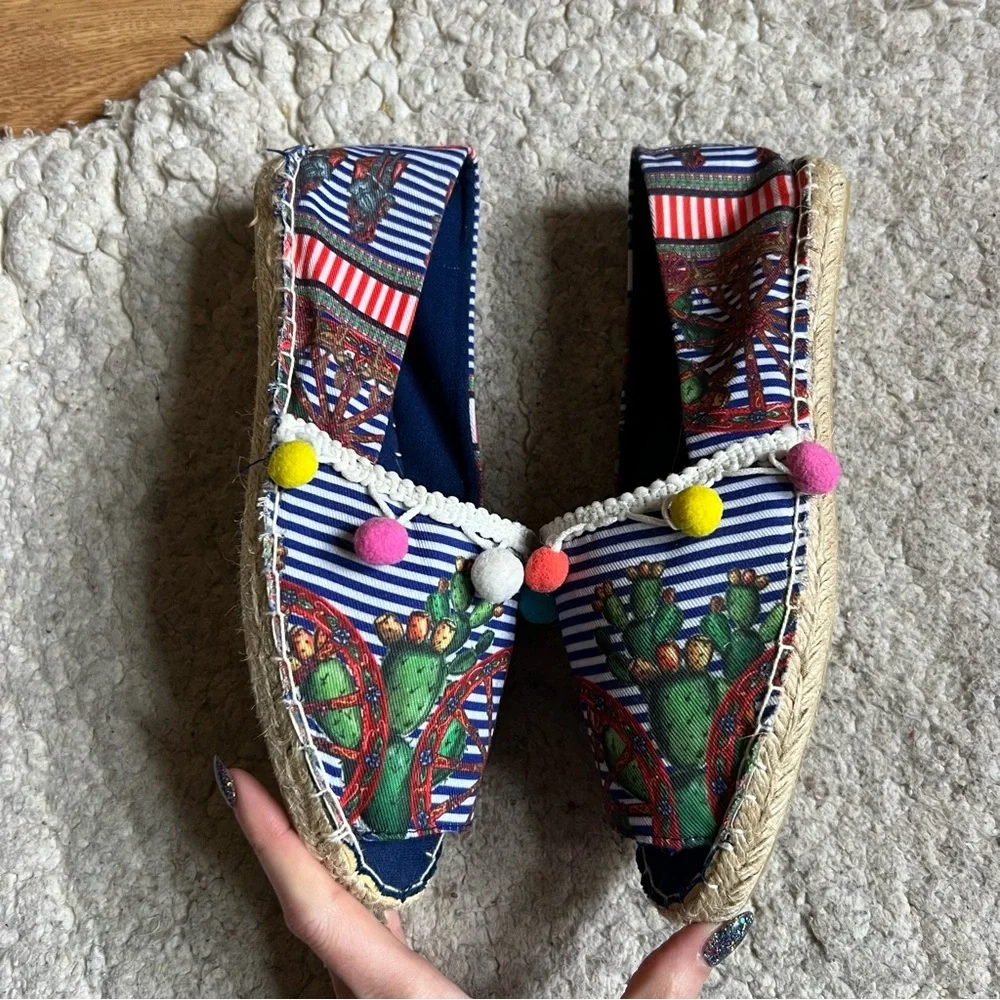 Antica Sartoria Espadrilles Size 39 Cactus Pom Pom Peep Toe Boho Resort Slide